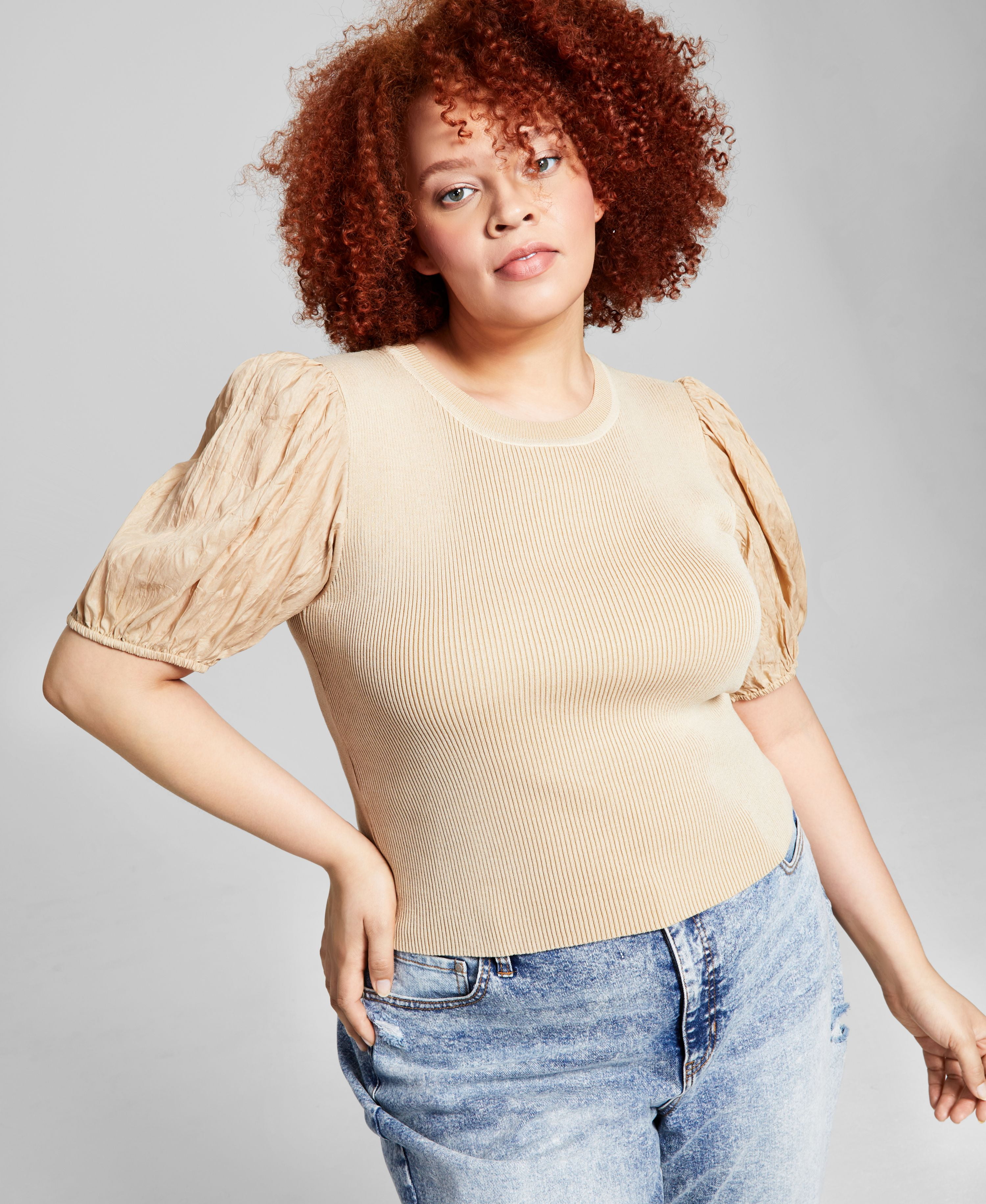 And Now This Trendy Plus Size Puff-Sleeve Top Light Camel Brown 2X