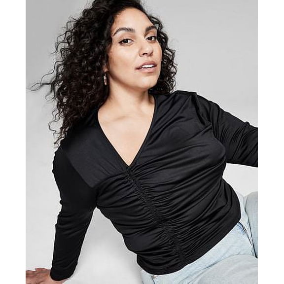 And Now This Women's Asymmetrical Ruched Top Black Size 0X