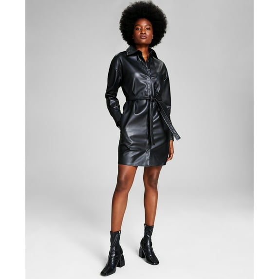 And Now This Women's Belted Faux Leather Shirtdress Black Size Small