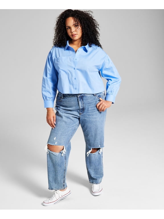 Now This Trendy Plus Size Cotton Button Front Top Cornflower Blue 3X