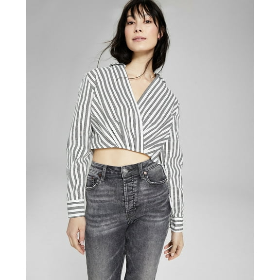 And Now This Women's Cotton Faux-Wrap Crop Top White/Black Size L