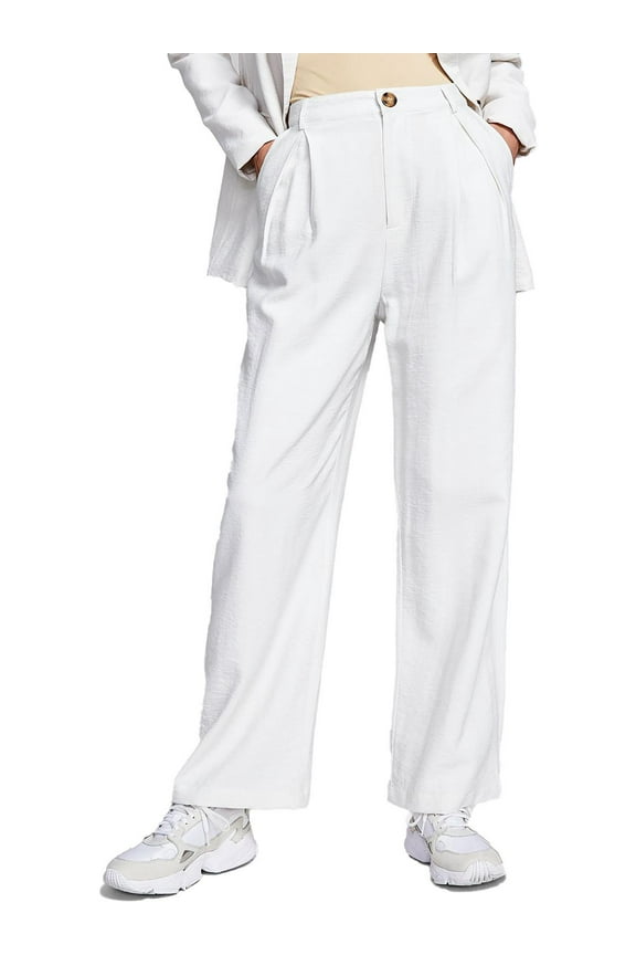 Now This Womens High Rise Wide Leg Textured Trouser Pants Cream M