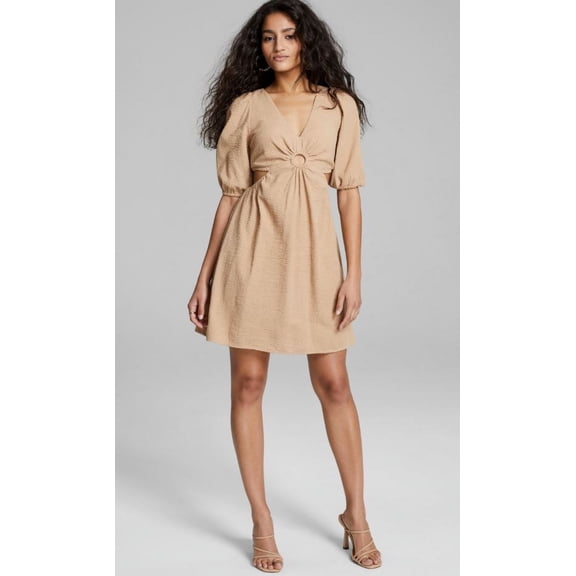 And Now This Women's Keyhole Cotton Mini Dress Camel Brown (Camel Brown, L)