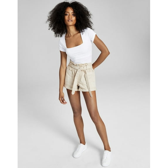 And Now This Women's Paperbag-Waist Denim Shorts Light Fawn (28, Light Fawn)