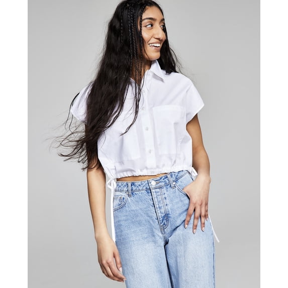 Now This Womens Striped Button Front Cotton Top White L