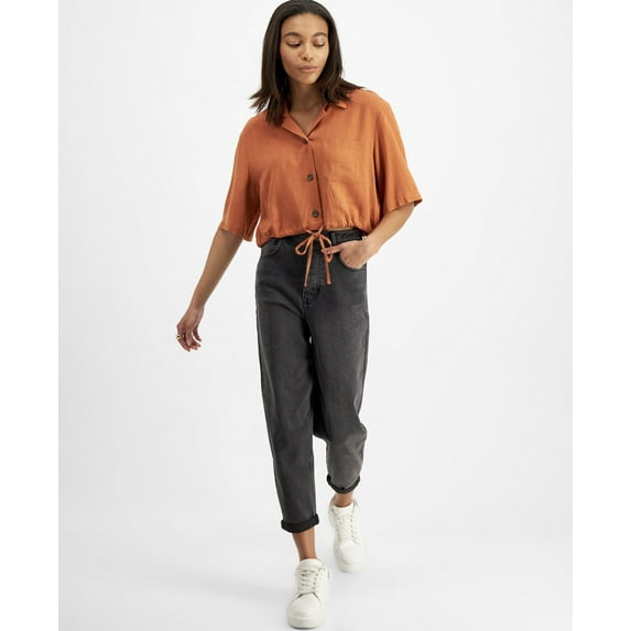 And Now This Womens Tie-Hem Cropped Shirt Rust S