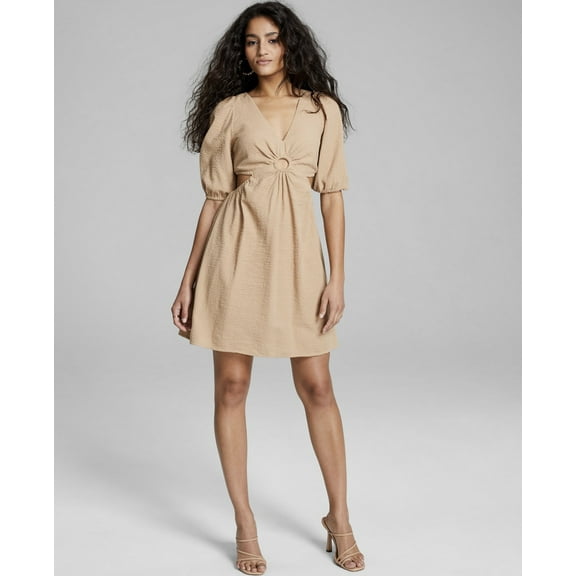 And Now This Women's Short Sleeve Keyhole Cotton Mini Dress Camel Brown Size XS