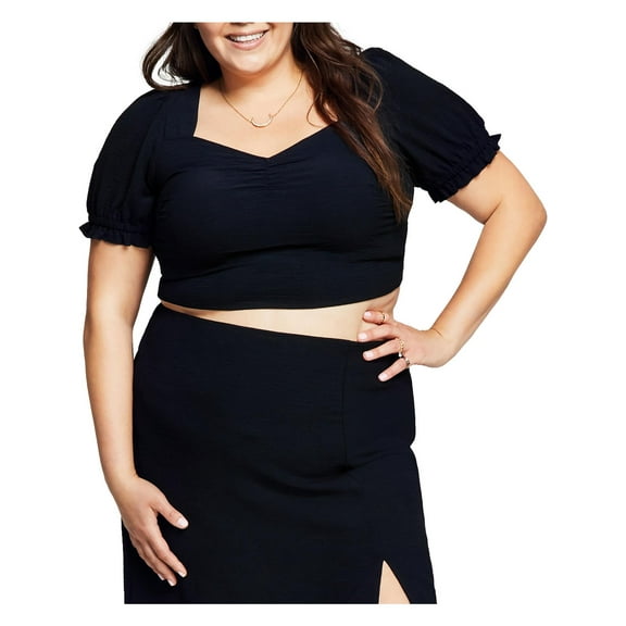 And Now This Women's Short Sleeve Tie-Back Crop Top Black Plus Size 1X