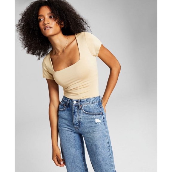 And Now This Women's Square-Neck Short-Sleeve Bodysuit Camel Brown Size XS