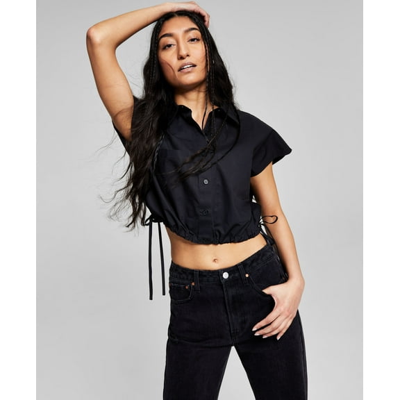 Now This Womens Striped Button Front Cotton Top Black S