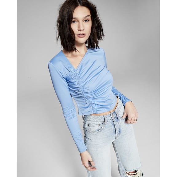 And Now This Women's Trendy Asymmetrical Ruched Top Cornflower Blue Size M