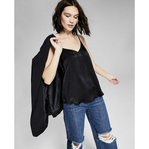 And Now This Women's V-Neck Sleeveless Satin Camisole Black (Black, M)