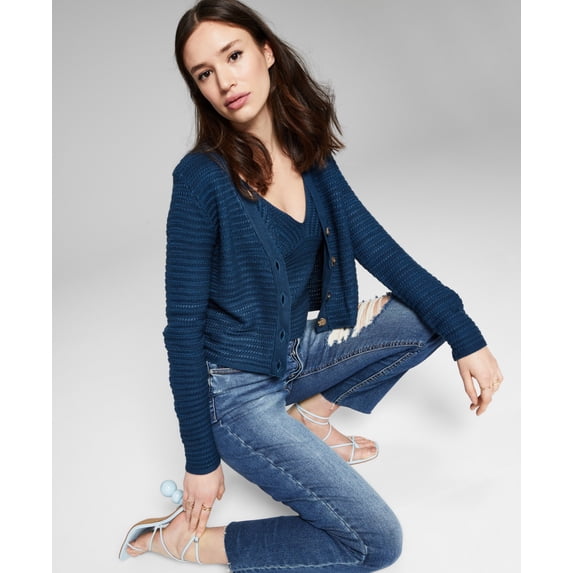 And Now This Womens Plus Size Waffle Knit Cardigan Sweater Set Twinset Navy 1X