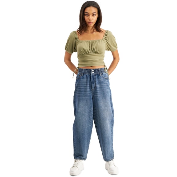 And Now This Womens Puff-Sleeve Corset Top Olive M