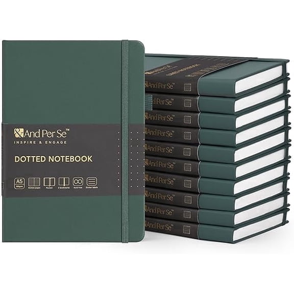 &And Per Se 10-Pack Dotted Notebooks, A5 Hardcover Dotted Journal Set, 160 Pages, 100gsm Paper, Office Supply Bulk Order, Corporate Workshop Materials 3 Sticker Sheets Each (Green)