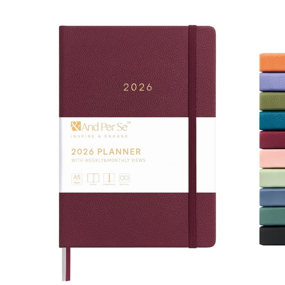 &And Per Se 2026 Planner Calendar 12-Month Weekly, January-December 2026, 5.7" x 8", Leather Hardcover, Monthly Tabs, Back Pocket(Dark Red)