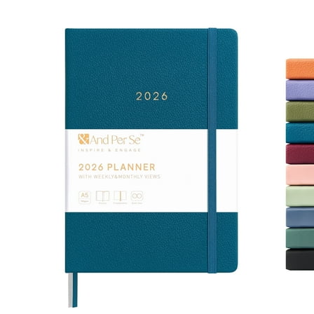 &And Per Se 2026 Planner Calendar 12-Month Weekly, January-December 2026, 5.7" x 8", Leather Hardcover, Monthly Tabs, Back Pocket(Dark Turquoise)