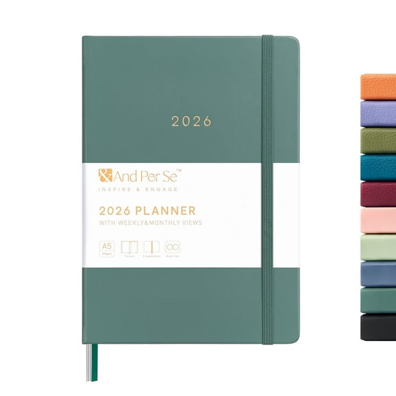 &And Per Se 2026 Planner Calendar 12-Month Weekly, January-December 2026, 5.7" x 8", Leather Hardcover, Monthly Tabs, Back Pocket (Green)