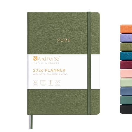 &And Per Se 2026 Planner Calendar 12-Month Weekly, January-December 2026, 5.7" x 8", Leather Hardcover, Monthly Tabs, Back Pocket(Olive Green)