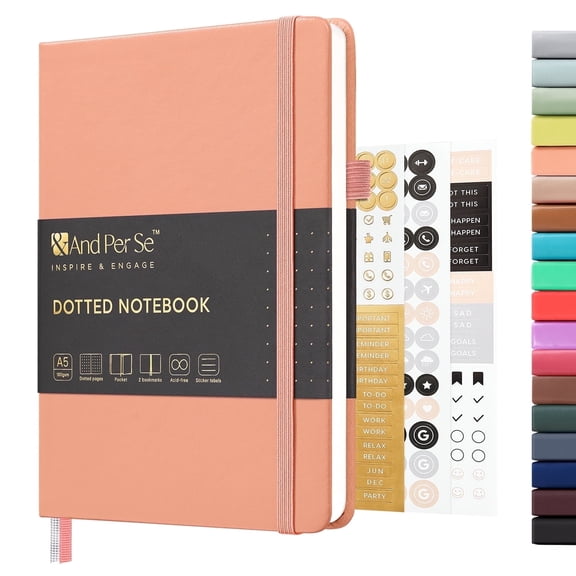 &And Per Se Bullet Dot Journal Notebook, A5 Hardcover with 3 Sticker Sheets & Pen Loop - Choose from 26 Colors & Designs(Peach Pink)
