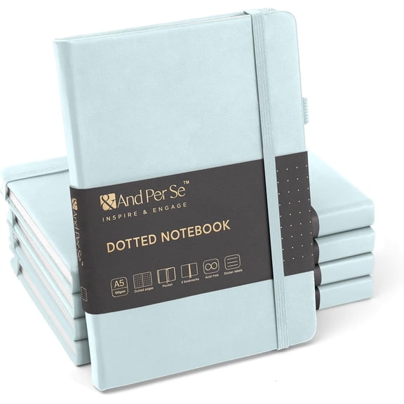 &And Per Se Dotted Journal Notebook (5 Packs), A5 Hardcover Leather Dotted Journal, 160 Pages 100 gsm Thick Paper, 3 Sheets of Stickers Included- 5.7'' x 8'' (Cyan