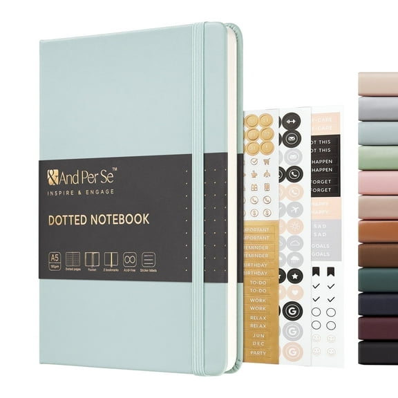 &And Per Se Bullet Dot Journal Notebook, A5 Hardcover with 3 Sticker Sheets & Pen Loop - Choose from 26 Colors & Designs(Cyan)