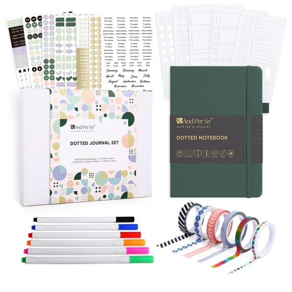 &And Per Se Dotted Journal Notebook Set, A5 Hardcover Dotted Journal (Green), 6 Fineliner Pens, 8 Sticker, 5 Stencil Sheets & 6 Washi Tapes, Journaling Supplies for Planner Schedule
