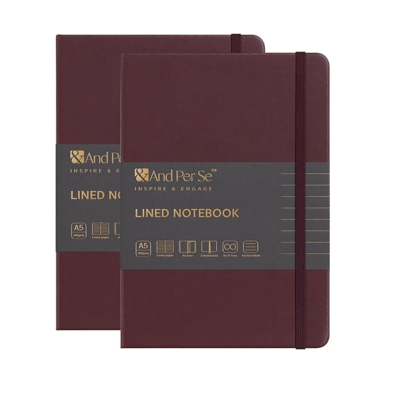 &And Per Se Hard Cover Notebook 2 Pack, A5 Lined Journal 320 Pages - for Women, Men, Work, School & Travel - Thick Paper (Dark Red)