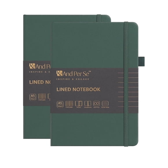 &And Per Se Hard Cover Notebook 2 Pack, A5 Lined Journal 320 Pages - for Women, Men, Work, School & Travel - Thick Paper (Green)