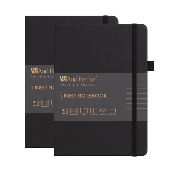 &And Per Se Hard Cover Notebook 2 Pack, A5 Lined Journal 320 Pages - for Women, Men, Work, School & Travel - Thick Paper (Black)