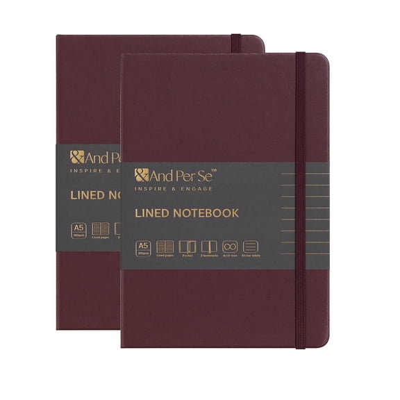 A5 Lined Journal Notebook 2 Pack, 320 Pages Thick Paper Hardcover Notebook for Writing, College Ruled Journal for School Office Work (Dark Red)