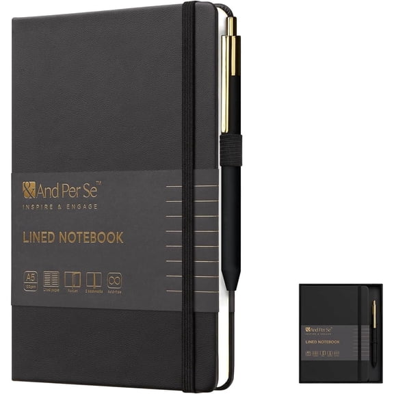 &And Per Se Lined Journal and Pen Set, A5 Leather Journal Stationery Set, 160 Pages 100GSM Thick Paper, Notebook Gift Set (Black)