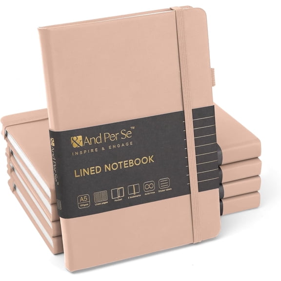 &And Per Se Lined Notebooks Bulk 5-Pack, A5 Hardcover Journal, 160 Pages 100gsm Thick Paper, Classroom Supplies for Students, Teachers, College Ruled Notebooks for School Office (Apricot)