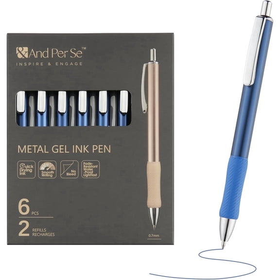 &And Per Se Premium Metal Gel Pens, 6 Pack with 2 Extra Refills, Blue Metal Barrel, 0.7mm Medium Point Blue Ink – Quick-Dry No-Smudge Smooth Writing Pens for Office, Journaling, Art & Gifts