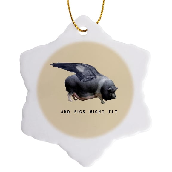 3drose, and Pigs Might Fly Funny Animal Photo Vector, 3 inch Snowflake Porcelain Ornament