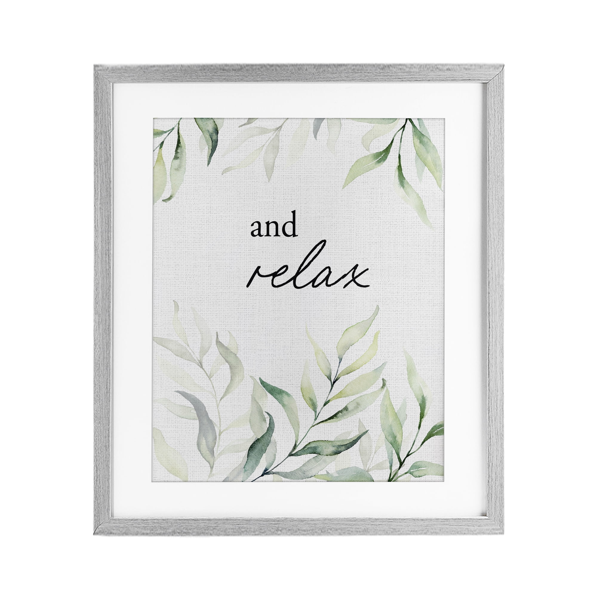And Relax Soothing Greenery Gray Framed Print Under Glass, design by Lettered and Lined