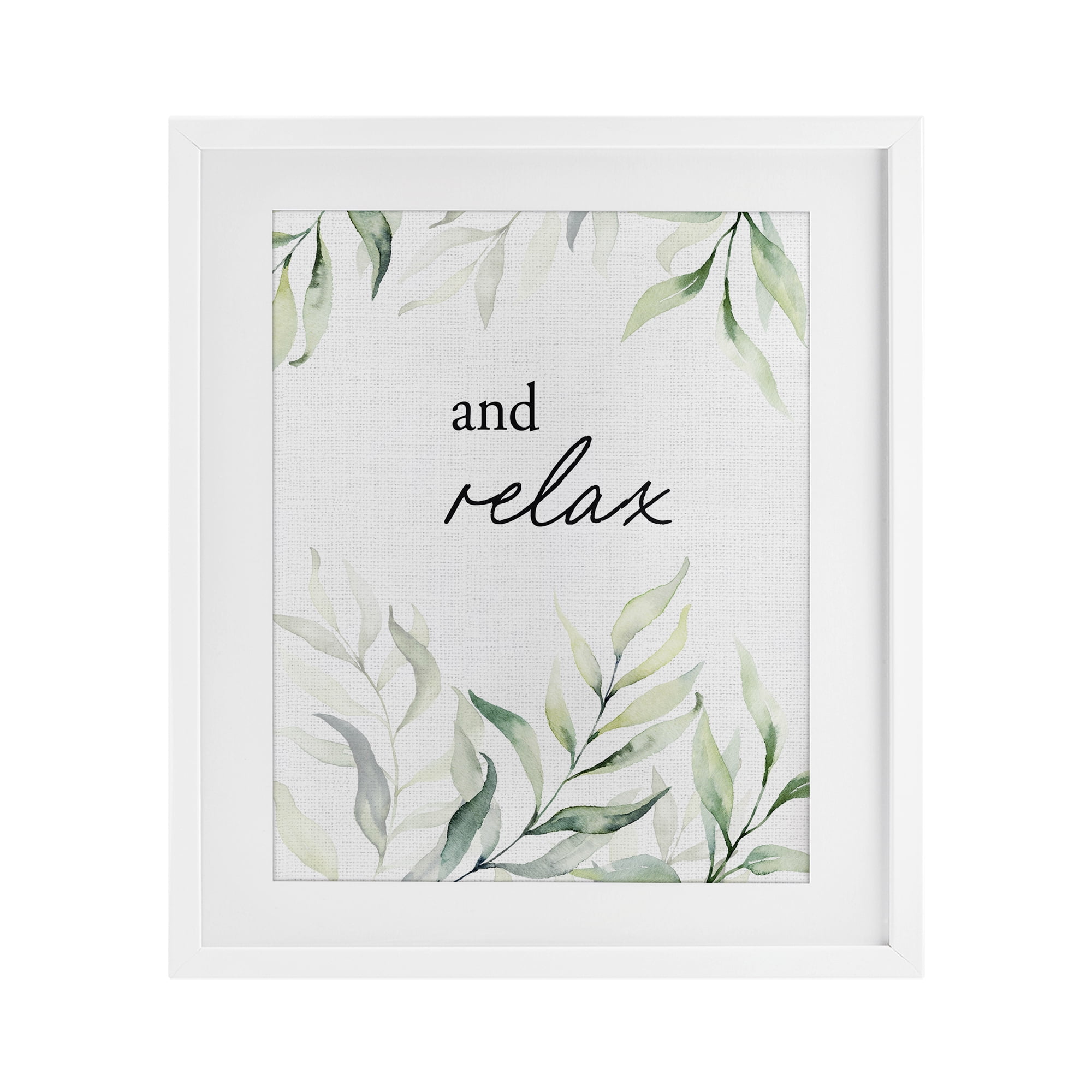 And Relax Soothing Greenery White Framed Print Under Glass, design by Lettered and Lined