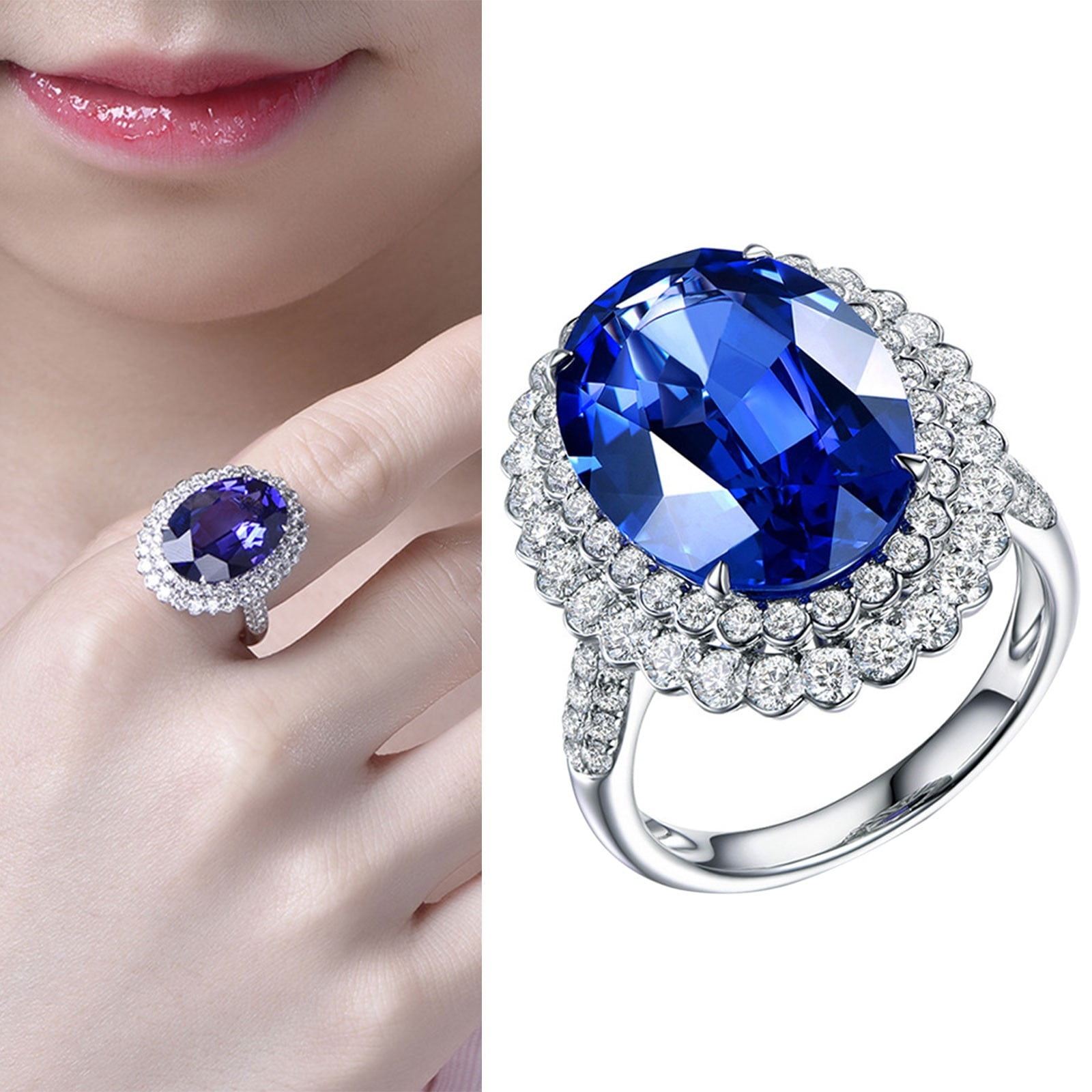 And Ring Ring Imitation Dark Blue Colored Gemstone Open Ring Cluster