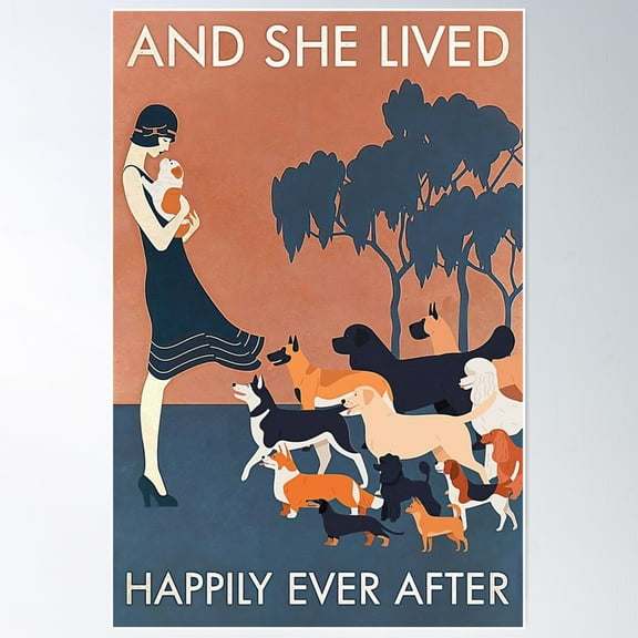 And She Lived Happily Ever After - Graphics Girl Love Dog For Ladies Poster Wall Art, Modern Wall Decor For Living Room Bedroom, 8x12 UNFRAMED