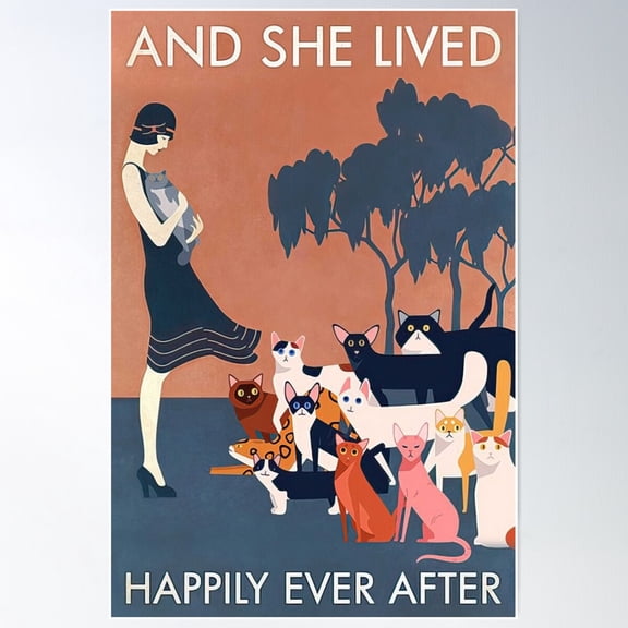 And She Lived Happily Ever After - Graphics Girl With Cat For Ladies Poster Wall Art, Modern Wall Decor For Living Room Bedroom, 12x18 UNFRAMED