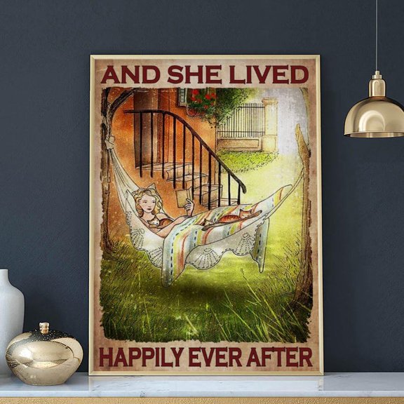 And She Lived Happily Ever After Poster Woman Reading in Hammock Cozy Bookworm Wall Art 16x24 UNFRAMED