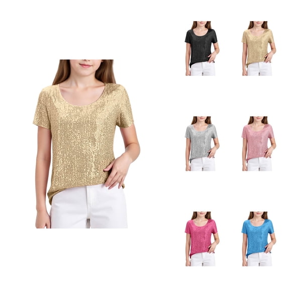 And Shine Girls Short Sleeve Sequin Tee Shirt Glitter Sparkly Blouse for Summer Party