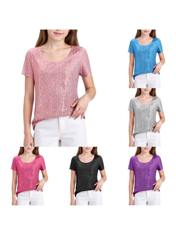 And Shine Girls Short Sleeve Tee Shirt Glitter Sequin Round Neck Casual Top for Summer Season Bunny Clothes for Kids Girls 120