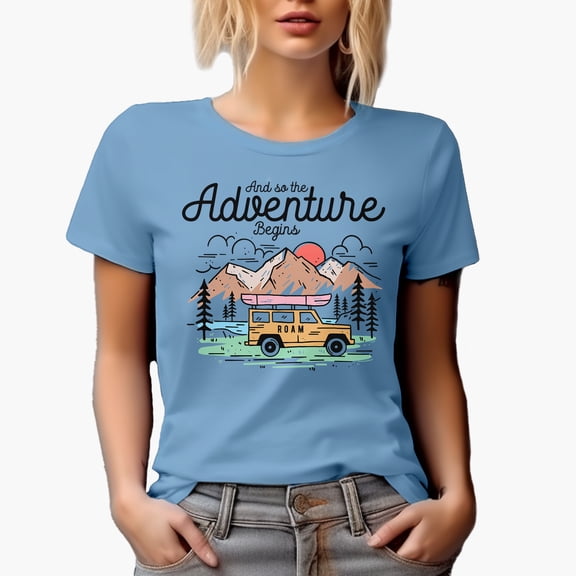 And So the Adventure Begins, Travel, Vacation or Nature Trip Art Themed Merch Gift, Baby Blue T-Shirt, Small