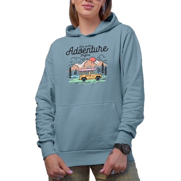 And So the Adventure Begins, Travel, Vacation or Nature Trip Art Themed Merch Gift, Light Blue Hooded Sweatshirt or Hoodie, XL