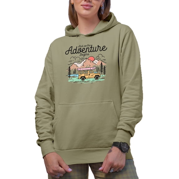And So the Adventure Begins, Travel, Vacation or Nature Trip Art Themed Merch Gift, Sand Hooded Sweatshirt or Hoodie, Medium