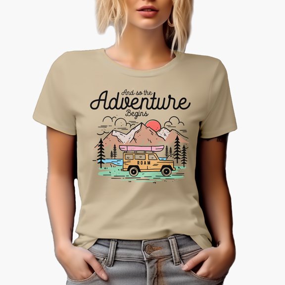 And So the Adventure Begins, Travel, Vacation or Nature Trip Art Themed Merch Gift, Tan T-Shirt, Small
