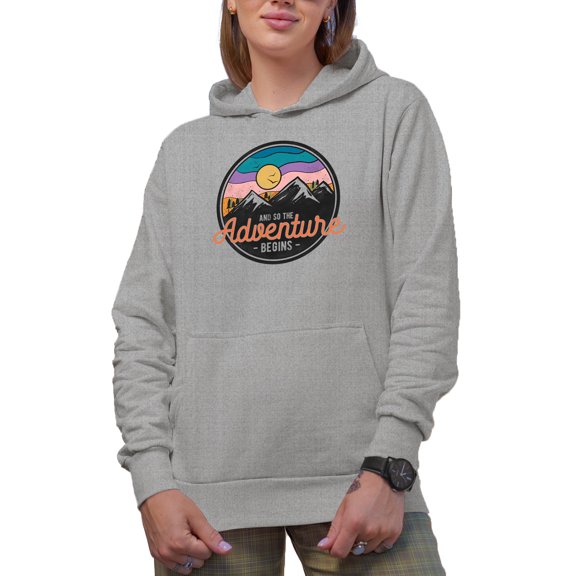 And So the Adventure Begins with Mountains Art Merch Gift, Heather Grey Hooded Sweatshirt or Hoodie, Medium