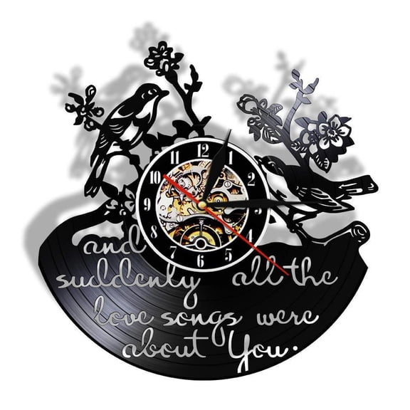 And Suddenly All The Love Songs Were All About You Inspirational Quote Vinyl Record Wall Clock Valentine Birds Retro Wall Watch Without LED