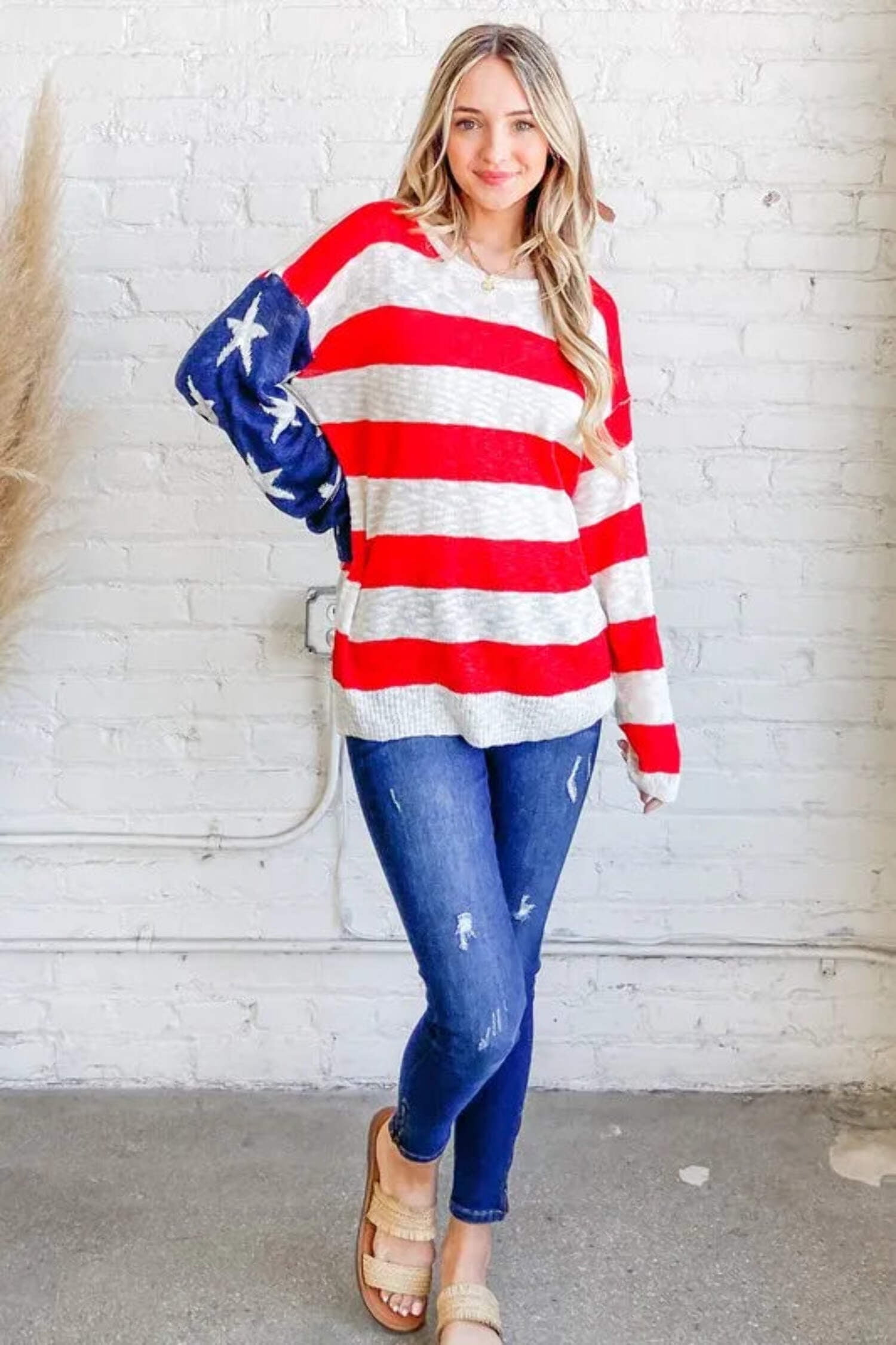 US Flag Distressed Round Neck Long Sleeve Sweater main image 1